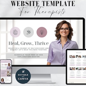 Op de afbeelding: Website-sjabloon voor therapeuten met een kleurenschema in paars, grijs en roze. De sjabloon toont een vrouw met een bril die glimlacht en de tekst "Genezen, Groeien, Gedijen". De tekst "Klaar voor een reis van zelfontdekking en genezing? Laten we samen dit pad bewandelen." is ook inbegrepen. De sjabloon is bewerkbaar met Canva.