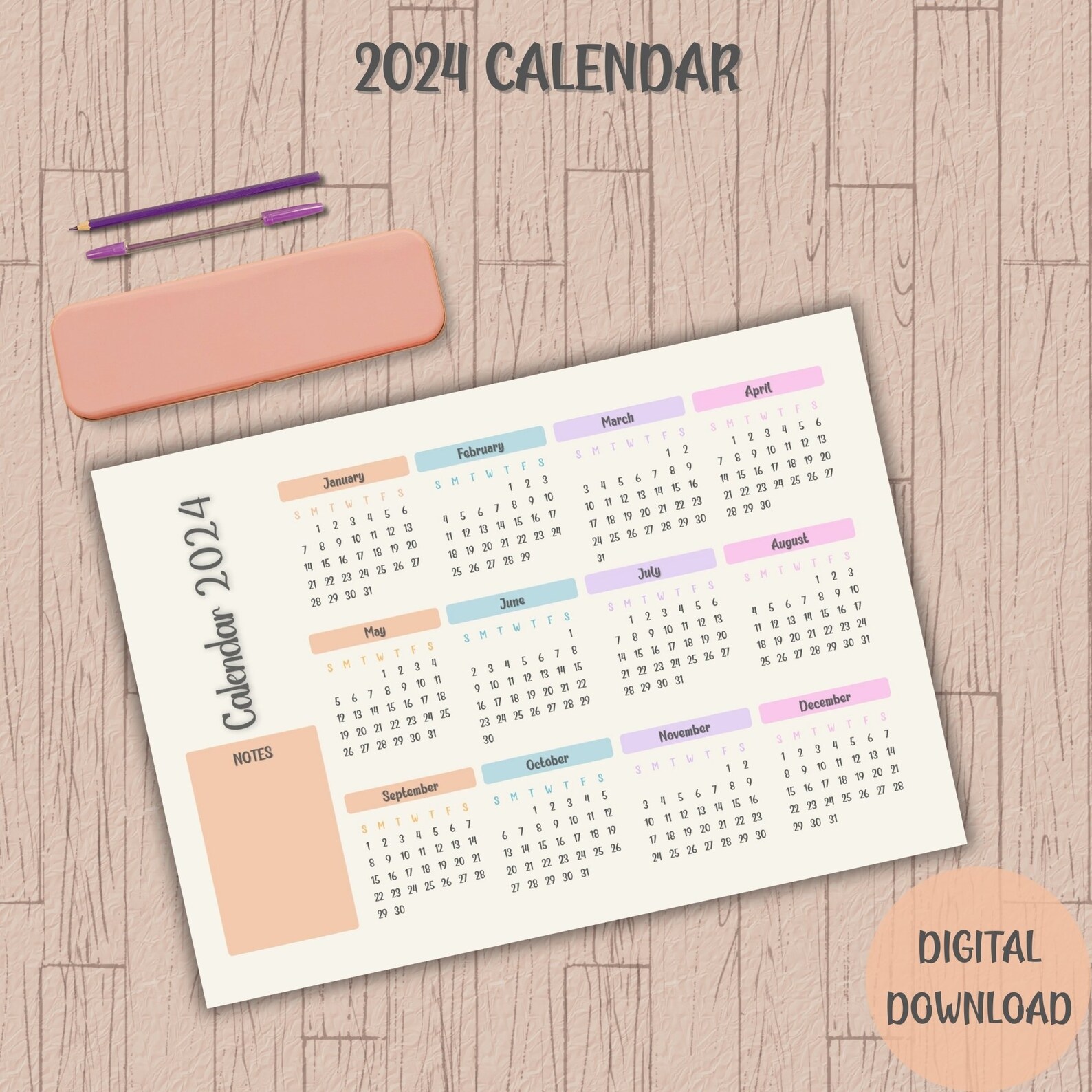 2024 Calendar Printable Yearly Planner Printable 2024 Year at a Glance ...