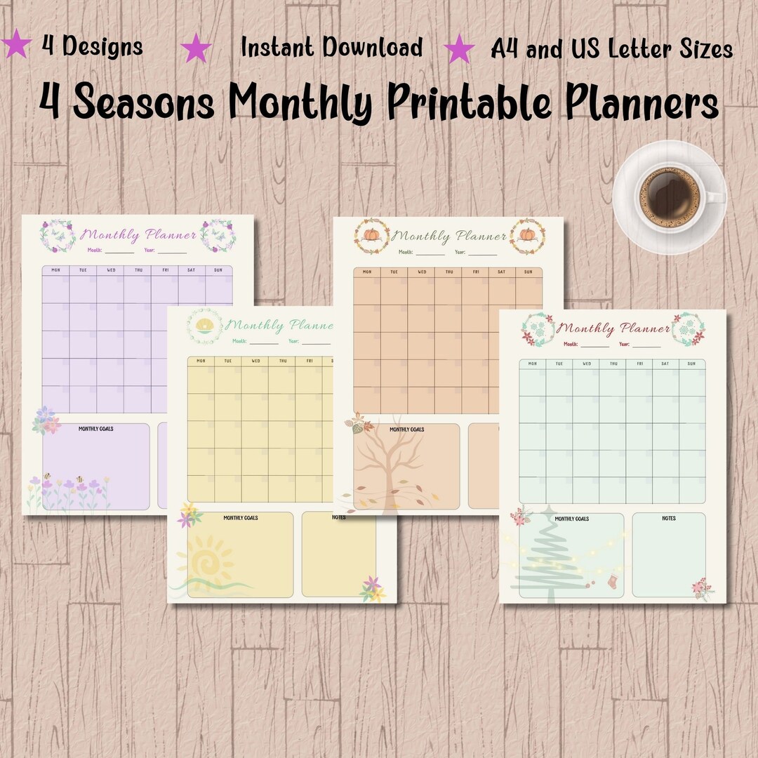 Undated Monthly Planner Printable PDF Printable Monthly Calendar Four ...