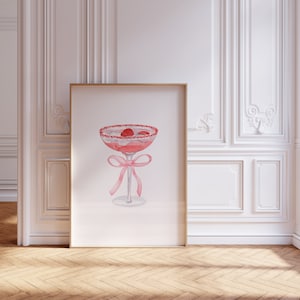 Copa de cóctel Martini con lazo rosa / Impresión de Martini / Decoración de habitación Coquette / Estética minimalista Balletcore / Impresión digital de descarga instantánea