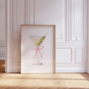 Kieliszek do martini z różową kokardą | Dekoracja pokoju Coquette | Sztuka na barze | Natychmiastowe pobranie wydruku cyfrowego