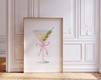 Martini glass with pink bow | Coquette room decor | Bar cart art | Instant download digital print