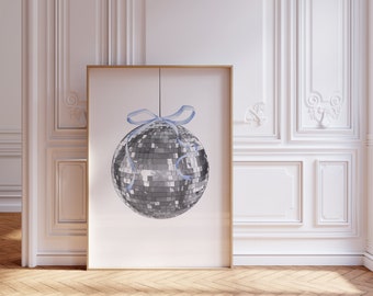 Mirrorball poster | Blue bow | Coquette room decor | Instant download | digital print