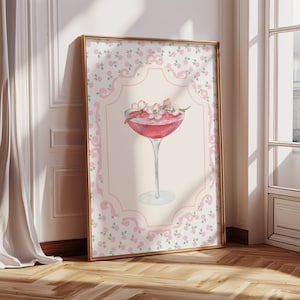 Pink flower martini with floral background | Coquette room decor | bar cart art | Instant download digital print