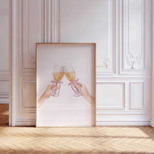 Prost Druck | Proseccoglas mit rosa Schleife | Kokette Raumdekor | Barwagen Kunst | Sofortdownload | Digitaldruck