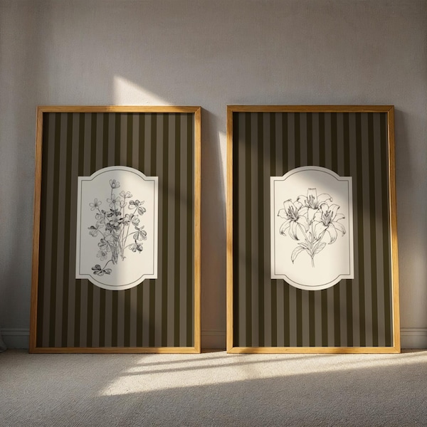 French Vintage Botanical Set: Striped Nancy Meyers Coastal Grandmillenial Art