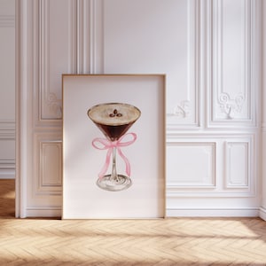 Roze strik Espresso-martiniglas | Coquetkamerdecoratie | Balletcore minimalistische esthetiek | digitale afdruk direct downloaden