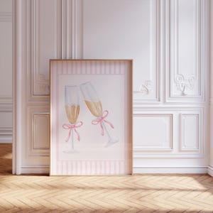 Champagne glass with pink bow | Grandmillenial art | Coquette style room decor | Bar cart art | Champagne problems | Digital print