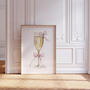 Taça de champanhe com laço rosa | Arte em carrinho de bar | Decoração de sala de estar | Impressão digital para download instantâneo