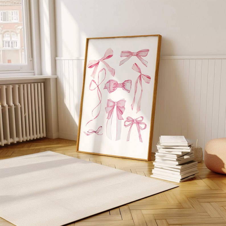 Pink Bow Coquette Room Decor: Minimalist Print, Pink Nursey Art - Etsy
