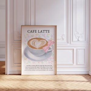 Floral cafe latte coffee poster | pink bow | Coquette room decor | Coffee bar sign | instant download | digital print