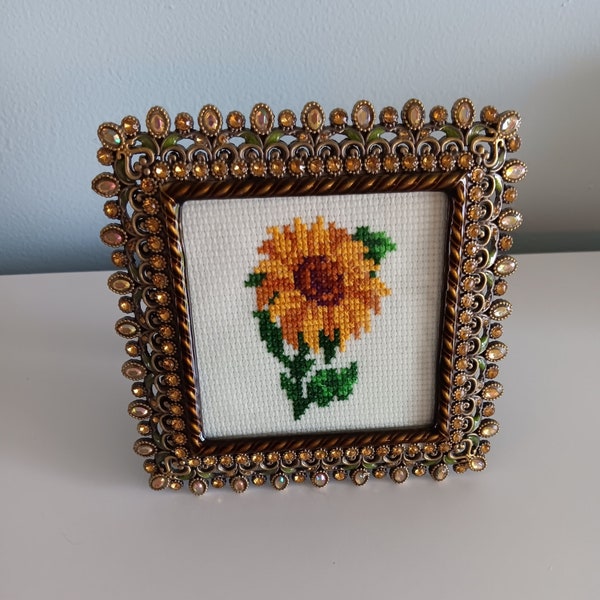 Golden Sunflower: Handcrafted Finished Counted Cross Stitch in Jeweled Frame