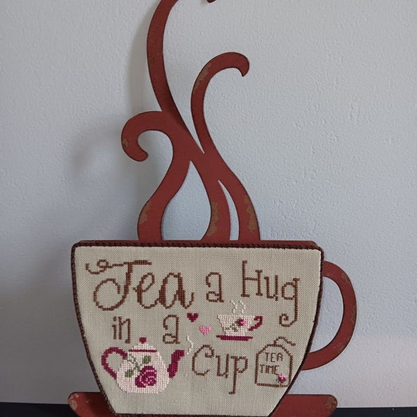 Cozy Cuppa Love: Finished Cross Stitched Metal Cup Wall Art - Tea is a Hug In A Cup