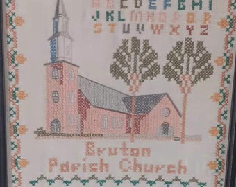 finished counted cross stitch of Bruton Parish Church in Williamsburg, Va