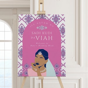 Punjabi Wedding Week Sign: Illustrated Custom Sadi Kudi Da Viah Printable PDF Poster, Indian Sangeet, Maiyan, Jago, Sikh Home Welcome SKV1