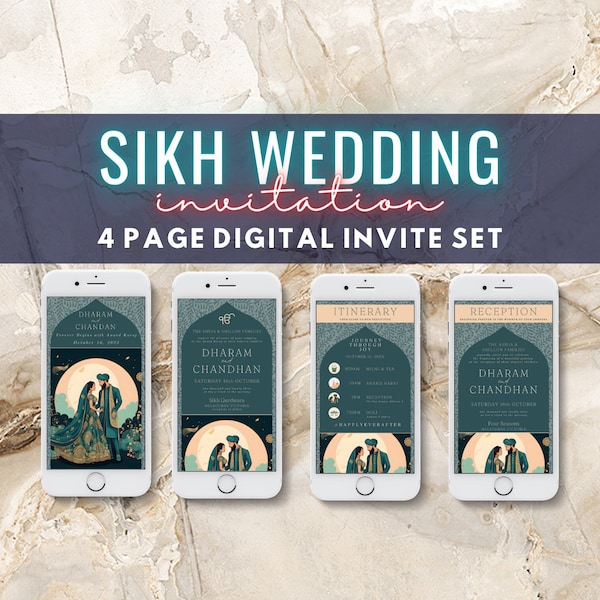 Invitación de boda Punjabi digital: Invitación Sikh personalizada electrónica para Anand Karaj, Itinerario de recepción y evento. Viah, Tarjeta Kurmai, AK1