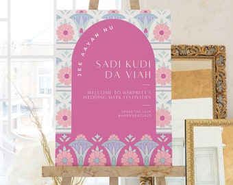 Punjabi Wedding Week Sign: Illustrated Custom Sadi Kudi Da Viah Printable PDF Poster, Indian Sangeet, Maiyan, Jago, Sikh Home Welcome SKV2
