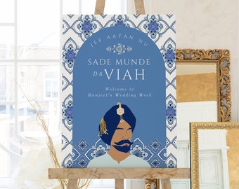 Punjabi Wedding Week Sign: Personalised Custom Sade Munde Da Viah Printable PDF Poster, Indian Sangeet, Maiyan, Jago, Sikh Home Welcome SMV1