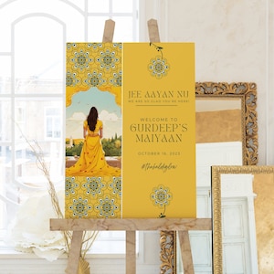 Haldi Sign Pithi Señalización de bienvenida, Ceremonia hindú Shaadi personalizada PDF imprimible Amarillo, Sangeet Mendhi Maiyan, Decoración de boda india Punjabi HW2