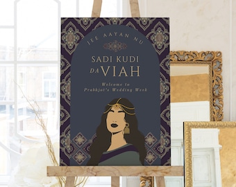 Punjabi Wedding Week Sign: Illustrated Custom Sadi Kuri Da Viah Printable PDF Board, Indian Sangeet, Maiyan, Jago, Sikh Home Welcome SKV3