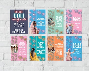 May include: A set of seven digital printable signs with a colorful Indian theme. The signs feature text such as "Team Bride Says", "Our Sister, Your Queen!" and "Now Open! Bank of Jiju".