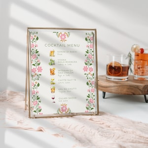 Indisches Hochzeitsmenü, Punjabi-Bar-Karte, Desi Digitale Trinkliste, Viah Shaadi Mehndi Henna Sangeet Maiyan Haldi Blumen-Cocktailparty-Dekor M1