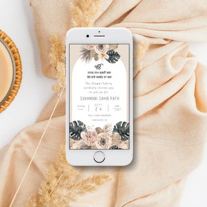 Pode incluir: Um convite digital na tela de um smartphone com um design floral e o texto "The Jhawar Family cordially invites you to join us for Sukhmani Sahib Path Sunday, Sept 24, 4PM Acali Singh Gurdwara Vancouver, BC".