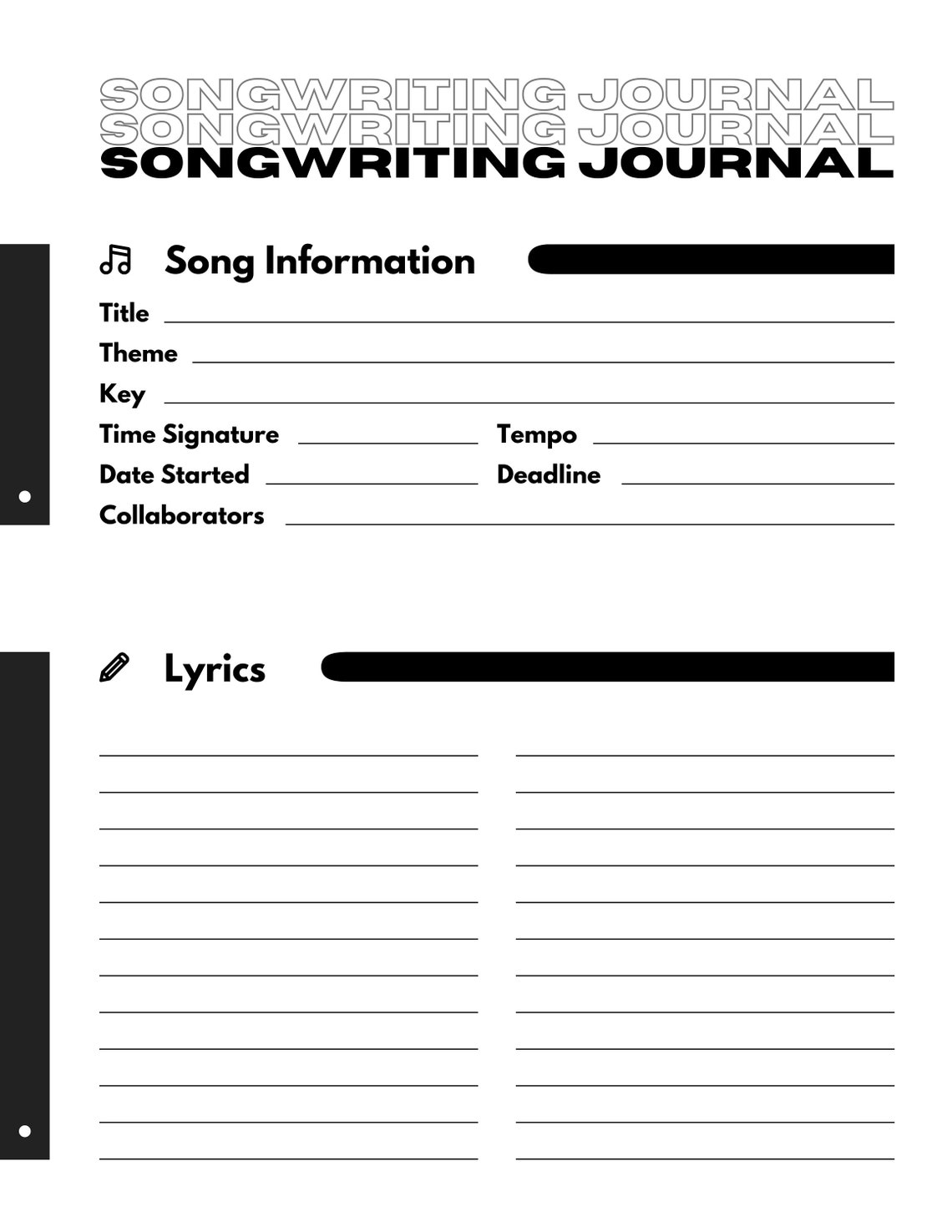 Instant Download Songwriting Sheet | Songwriter Template | Music Notes ...
