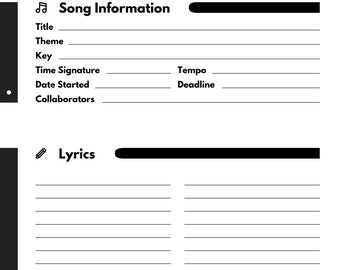 May include: A black and white printable songwriting journal with a title page that says "Songwriting Journal". The journal has sections for song information, lyrics, and chords.