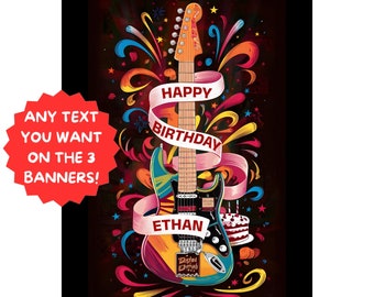 Könnte beinhalten: Eine bunte Geburtstagskarte mit einer Gitarre, auf der ein rosa Band mit der Aufschrift "Happy Birthday" und ein gelbes Band mit der Aufschrift "Ethan" angebracht ist.