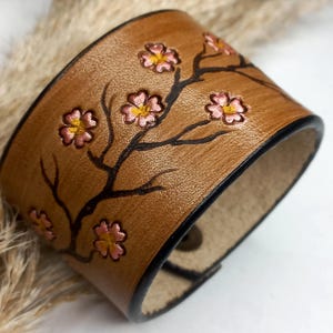 Wide Brown Leather Bracelet,Flowering Bracelet,Matchless Leather Cuff,Handmade Wiristbands,Unique Leather Women Bangles