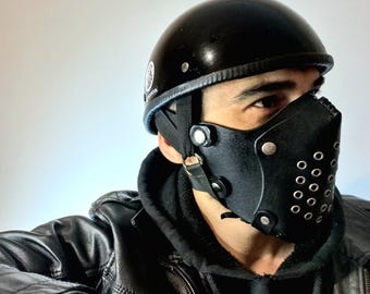 Masque de moto noir, masque en cuir véritable, masque de motard rétro, masque couvre-visage Cafe Racer, masque antipoussière Bobber, masque Scrembler style steampunk