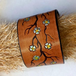 Wide Brown Leather Bracelet,Flowering Bracelet,Matchless Leather Cuff,Handmade Wiristbands,Unique Leather Women Bangles
