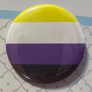 May include: A circular pin-back button featuring a horizontal striped design. The colours from top to bottom are bright yellow, white, purple, and black. The surface of the button has a glossy, reflective finish that catches the light.