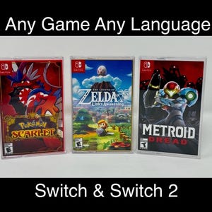 May include: Three Nintendo Switch game cases are displayed. The games are "Pokémon Scarlet", "The Legend of Zelda: Link's Awakening", and "Metroid Dread". The text "Any Game Any Language" and "Switch & Switch 2" are also visible.