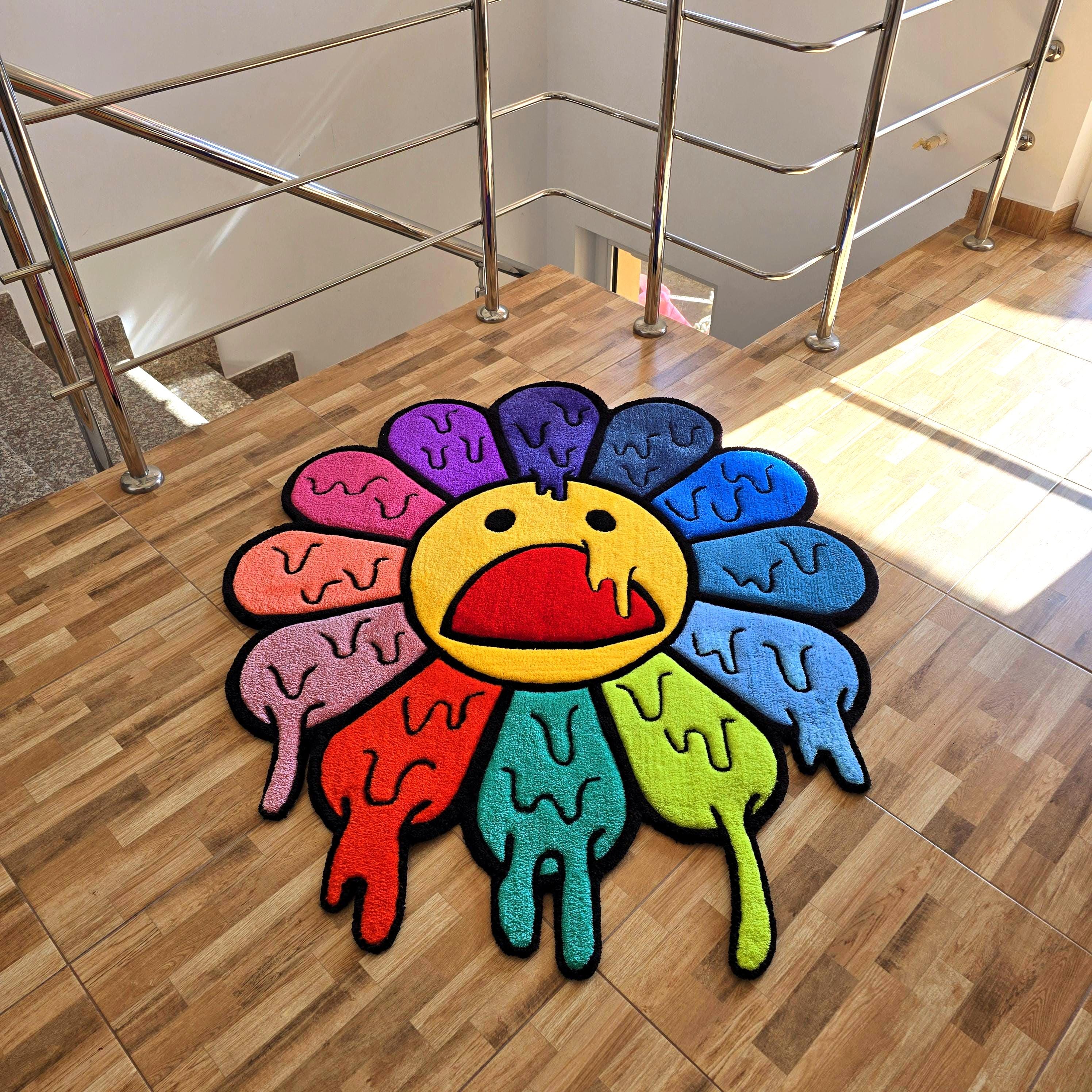 村上隆 Flower Floor Mat Rainbow Ecru beige Takashi Murakami Flower Floor Mat Rug Rainbow/Ecru Beige