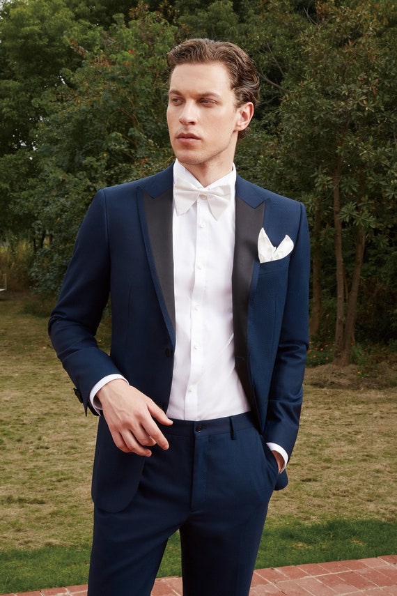 Navy Blue Wedding Tuxedo With Black Lapel Style