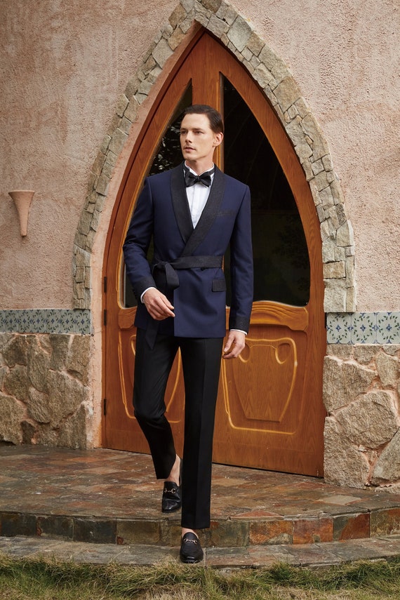 Navy Wool Double Breasted Wedding Tuxedo | Custom Photo Lining Available
