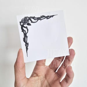 Thorns and Thoughts sticky notes | memo pad, post-its | Rose vine corner design | goth, simple black and white stationery