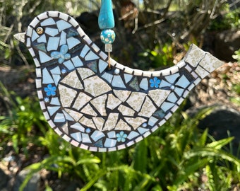 Picassiette Mosaic Hanging Bird - Light Blue/White