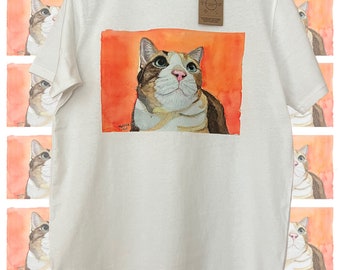 CalicoCat [Polar] RECYCLED T-Shirt | Watercolor Art of Lucky Cat, Money Cat in Orange Background