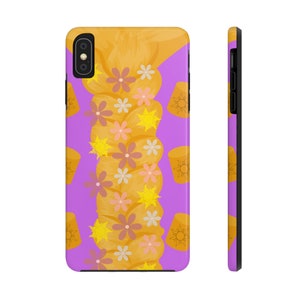 May include: Purple phone case with a yellow braid, flowers, and suns.
