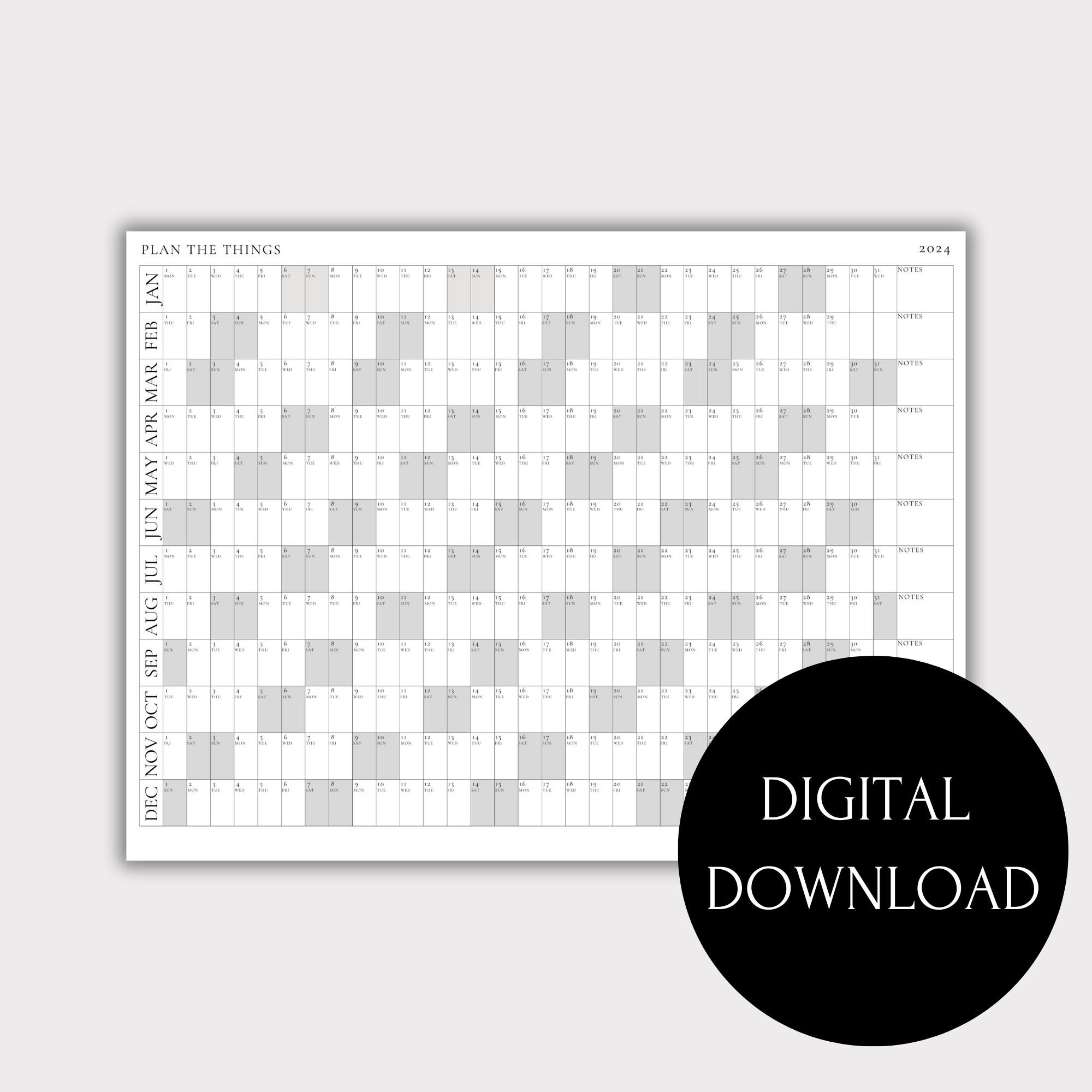 Printable 2024 Wall Calendar, 2024 Wall Planner, Digital PDF Instant
