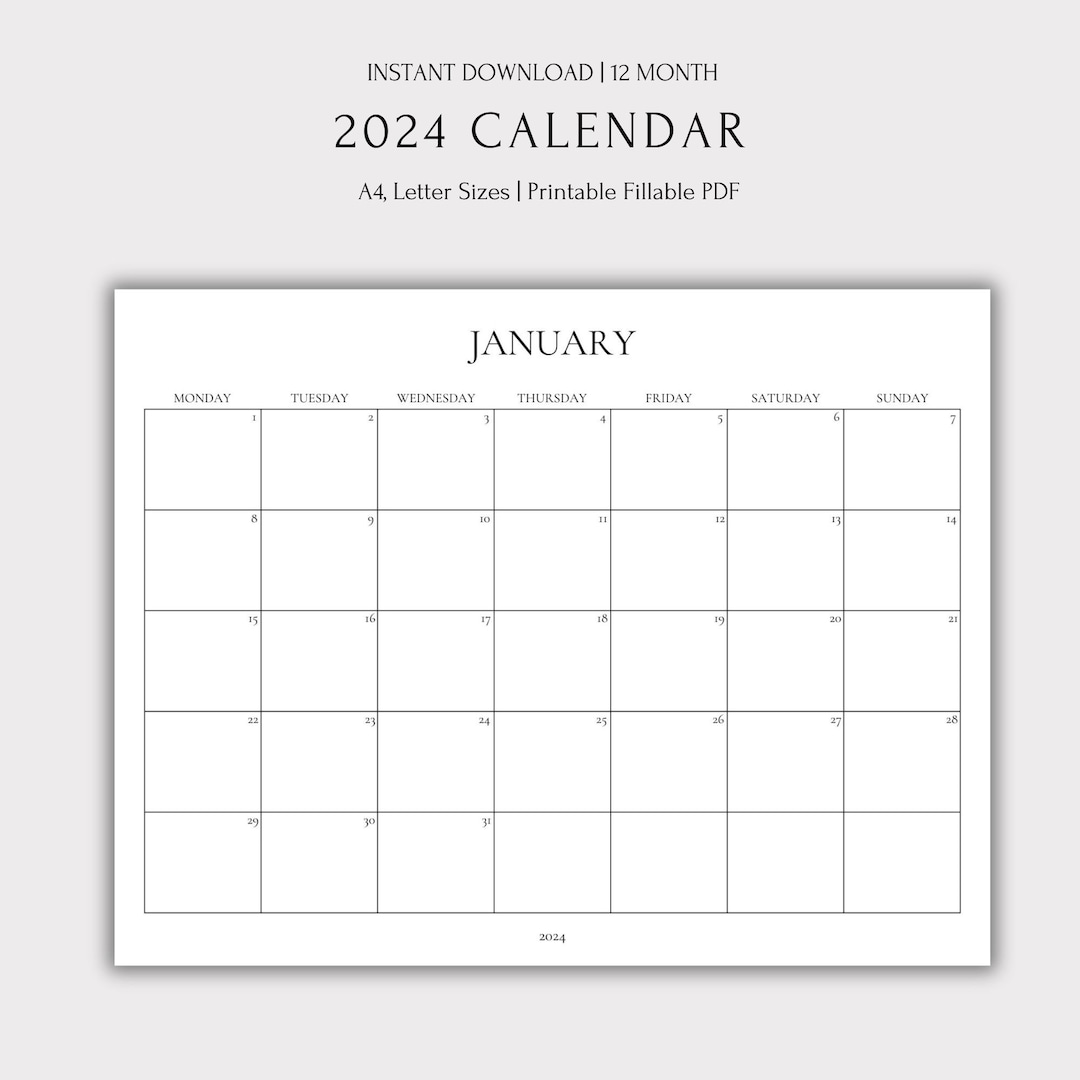 2024 Printable Calendar Landscape, Minimalist Monthly Calendar