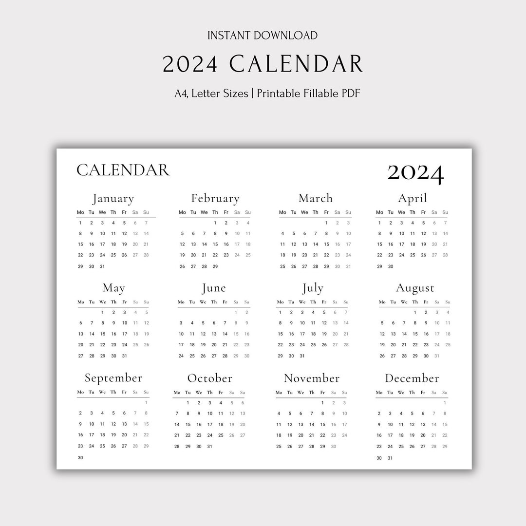 Kalender 2024, Wandkalender 2024 zum Ausdrucken, Kalender 2024