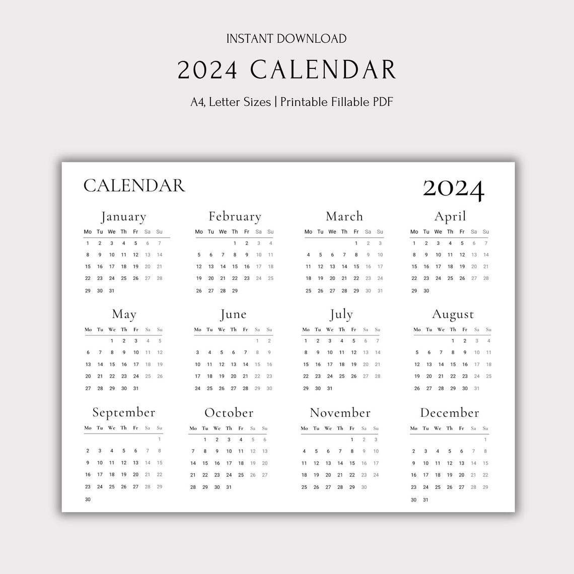 2024 Calendar, 2024 Wall Calendar Printable, Calendar 2024, Minimalist