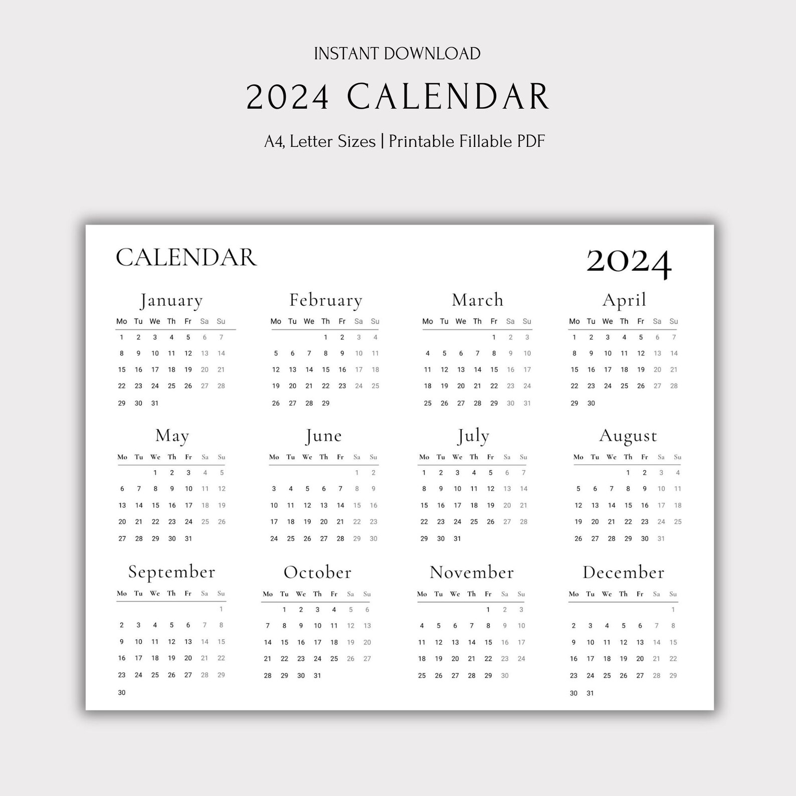 2024 Calendar, 2024 Wall Calendar Printable, Calendar 2024, Minimalist