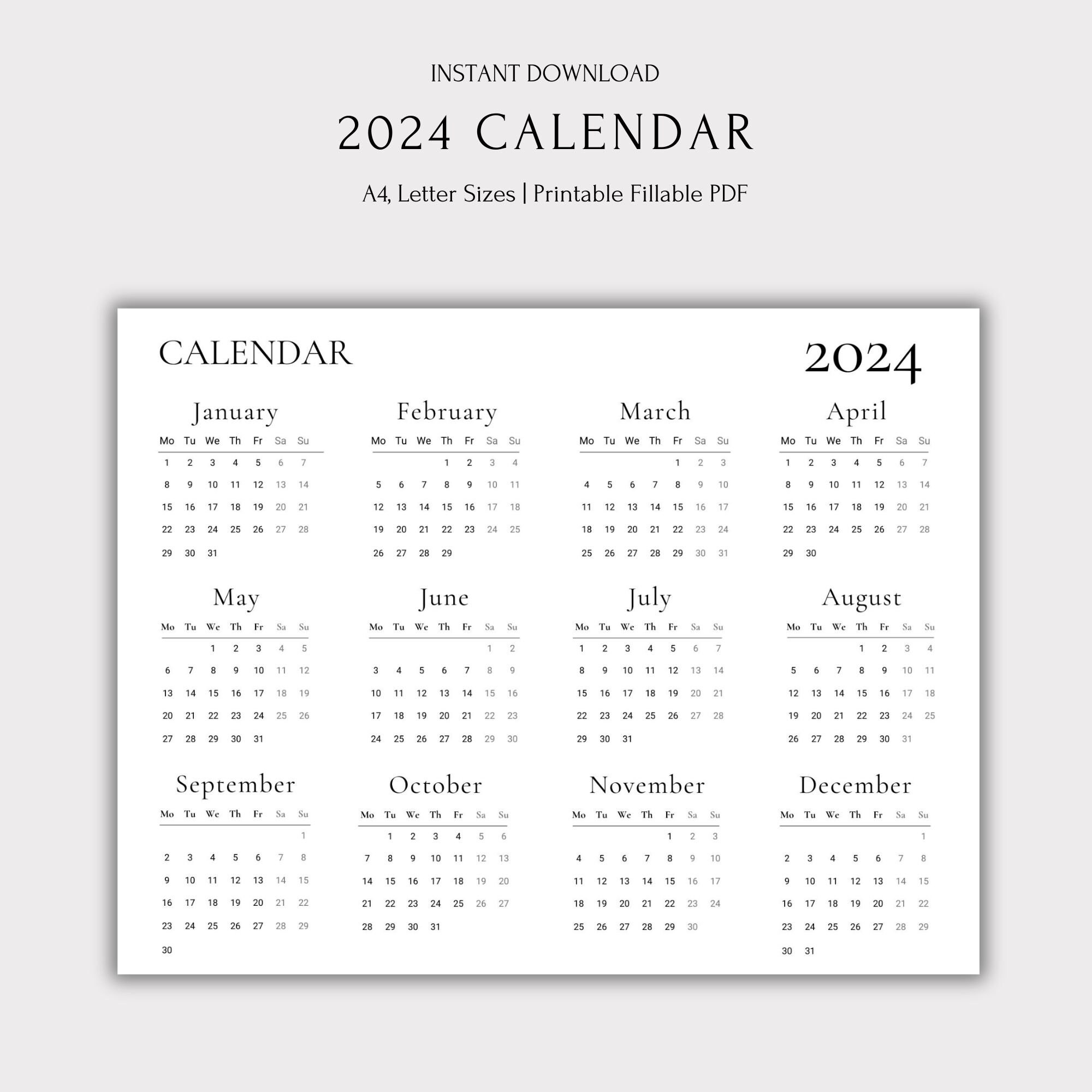 2024 Calendar, 2024 Wall Calendar Printable, Calendar 2024, Minimalist