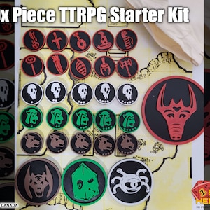 May include: A 29-piece tabletop role-playing game (TTRPG) starter kit featuring a variety of tokens, including skulls, wolves, and a dragon. The tokens are printed in black, white, red, and green on a white background. The kit also includes a small white bag.
