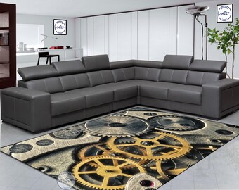 Mechanical Gears Printed Rug: Modern Style, Non-Slip Cotton Sole